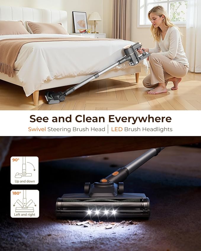 N8 Cordless Vacuum Cleaner,Lightweight Stick Vacuum with Powerful Suction,2200mAh Battery,40 Mins Runtime,Self-Standing,Rechargeable Vacuum Cleaners for Home Hardwood Floor Carpet Pet Hair (Gold)