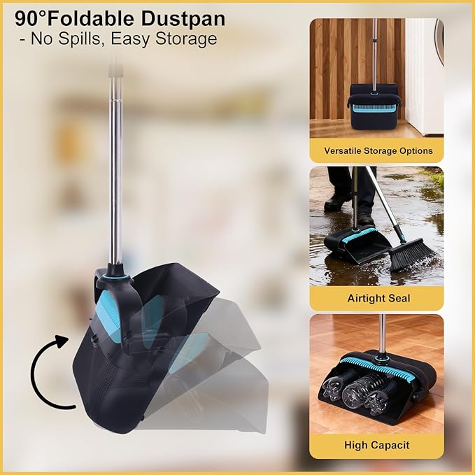 Heavy Duty Broom and Standing Dustpan Combo Set, Rotatable Head Dust Pan and Brush Set with Collapsible Handle, Cleaning Teeth, Hanging Loop, Ideal for Pets, RV, Kitchen, Camping, Outdoor Floor, Black