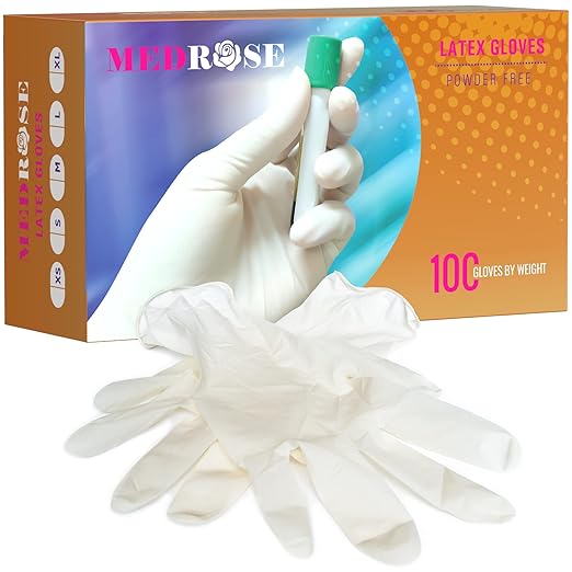 MedRose Large Latex Gloves - 100 Count Rubber Gloves - Disposable Gloves Powder Free, Waterproof, White