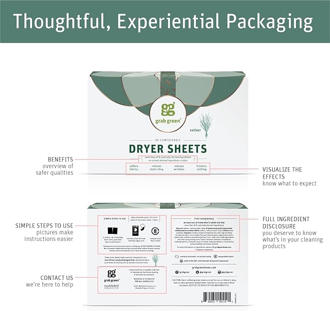 Grab Green Dryer Sheets, 160 Sheets, Vetiver Scent, Plant Based, Softens Fabrics, Reduces Static Cling and Wrinkles
