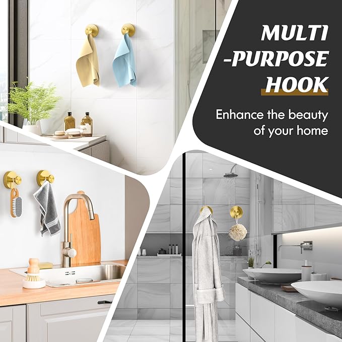 MOTAIPEAK Suction Cup Hooks for Shower,Removable Shower Towel Suction Hooks for Bathroom Wall,Kitchen,Glass,Mirror,Tile to Hang Robes,Loofah-Gold(4-Pack)
