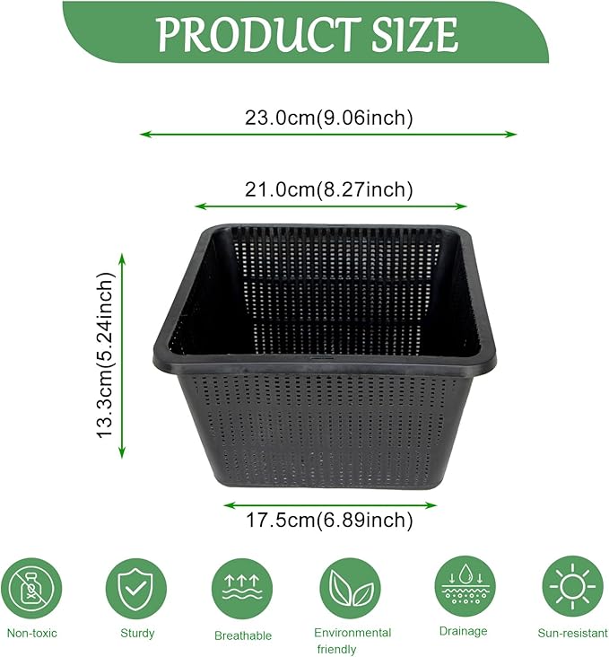 HG9SQBK 9-Inch Square Aquatic Plant Baskets, Plastic Pond Planting Containers, Black Plastic Mesh Basket for Live Aquarium Botany,Pond Plant Baskets| Pack of 8