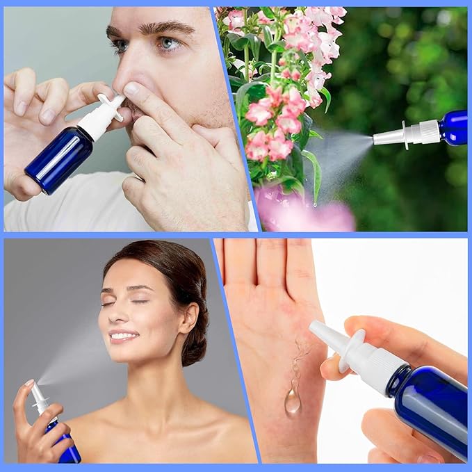 60 Pcs Nasal Spray Bottle Empty, Blue Glass Refillable Fine Mist Nasal Spray Bottles with 12 Funnels and 12 Labels (30ML/1oz)