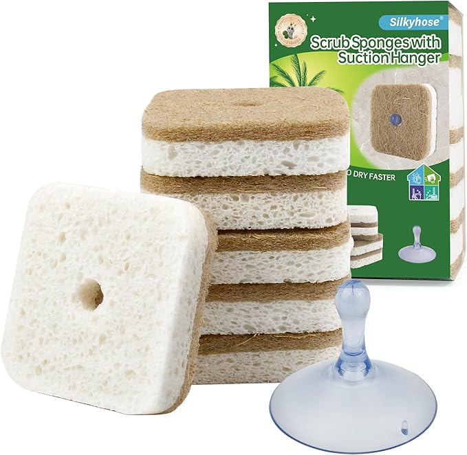 6pcs Scrub Sponges with Suction Cup Hook, Natural Kitchen Sponge, Biodegradable Compostable Cellulose and Coconut Non-Scratch Sponges, Cleaning Sponges for Dishes
