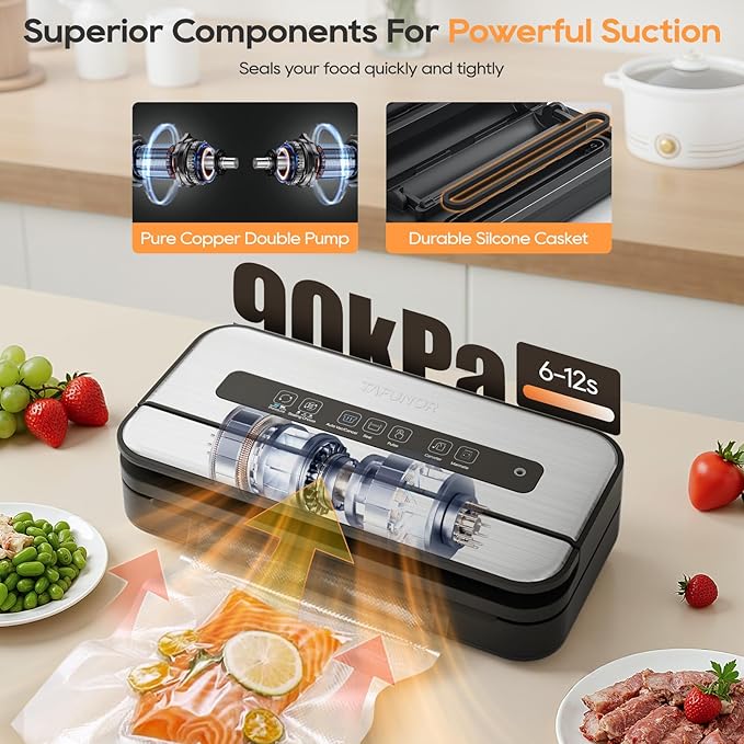 Vacuum Sealer Machine, 90Kpa Food Vacuum Sealer Machine Preservation Dry/Moist/Liquid Modes, LED Indicator Light, Handle Locked Design, Built-in Cutter and Bag Storage, Starter Kit