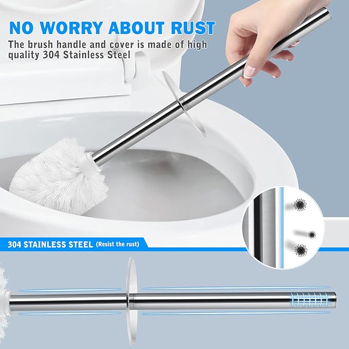 Toilet Brush and Holder, Toilet Brush with 304 Stainless Steel Long Handle, Toilet Bowl Brush for Bathroom Toilet-Elegant-Cleaning-Bristles(White)