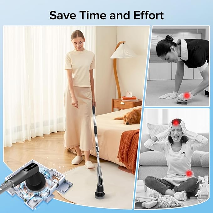 G2-Pro Electric Spin Scrubber - Upgraded 12-in-1 Scrubber Brush Electric, Retractable Handle & 2-Speed for Bathroom, Bathtub, Kitchen, Tile Floors（White/Gray Brush Head）