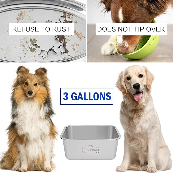 Water Bowls for Large Dogs, 3 Gallons Durable Stainless Steel Dog Bowls - Big Capacity Water and Food Bowl for Indoor Outdoor, Easy to Clean