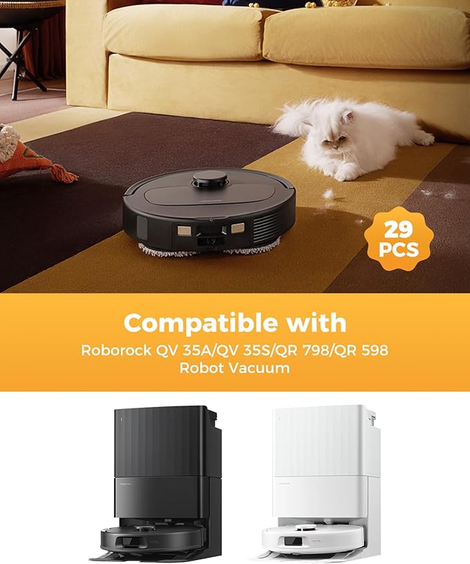 Yivy QV35A 29PCS Replacement for Roborock QV 35A/QV 35S/QR 598/QR 798 Robot Vacuum Cleaner.2 Main Brushes 6 Dust Bags 4 HEPA Filters 6 Side Brushes 8 Mop Pads 1 Tank Brush 1 Brush 1 Screwdriver