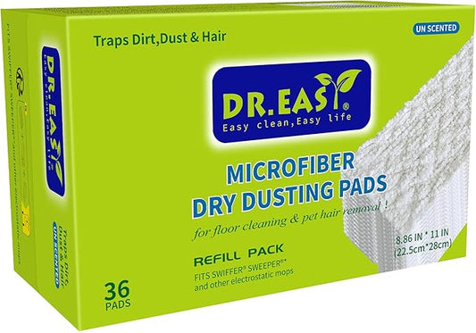 Dr.Easy Microfiber Dry Sweeping Cloths,36ct Disposable Mopping Pads Refil Pack,fits SWIFFER Sweeper and Other Electrostatic Mop Heads .Bigger Size 8.8X11in,Catch& Lock Dirt & Hair.