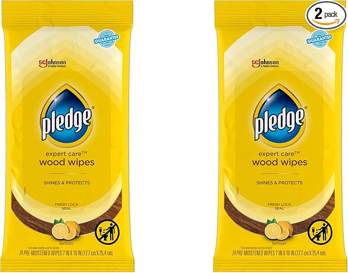 Pledge Multi-Surface Furniture Polish Wipes, Works on Wood, Granite, and Leather, Cleans and Protects, Lemon (24 Total Wipes) (Pack of 2)