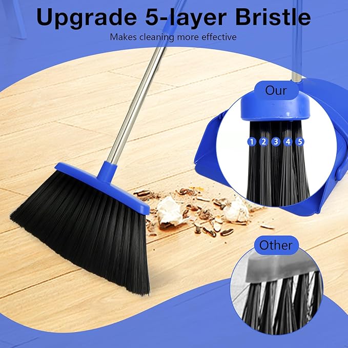 XXFLOWER Broom and Dustpan Set, Long Handle Lightweight Dustpans with Broom Combo for Home, Indoor&Outdoor Sweeping for Home Room Kitchen Office Lobby (Dark Blue)