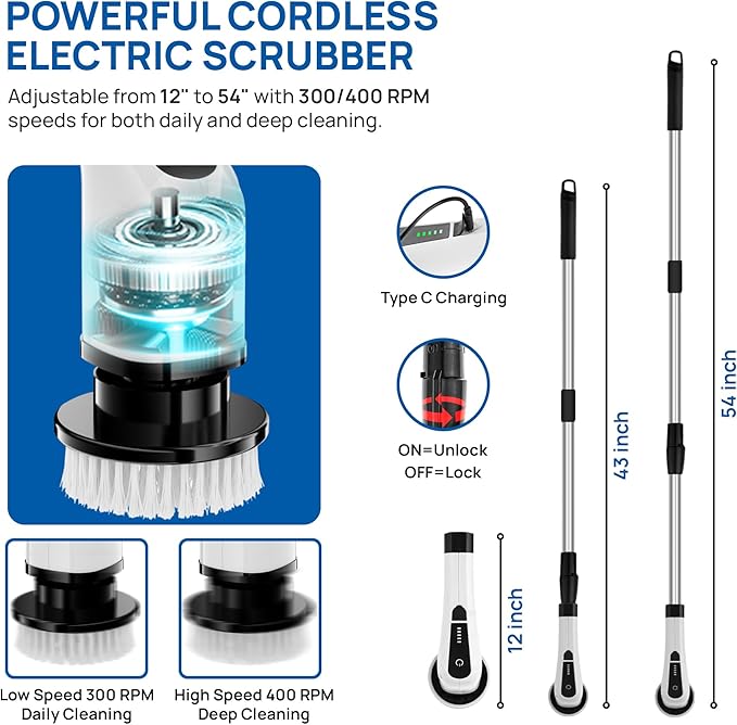 2025 Upgraded Electric Spin Scrubber – Shower Scrubber with Long Handle, Cordless Electric Cleaning Brush, 400 RPM Dual-Speed, IPX5 Waterproof, 90-Min Runtime, 8 Brush Heads for Powerful Cleaning