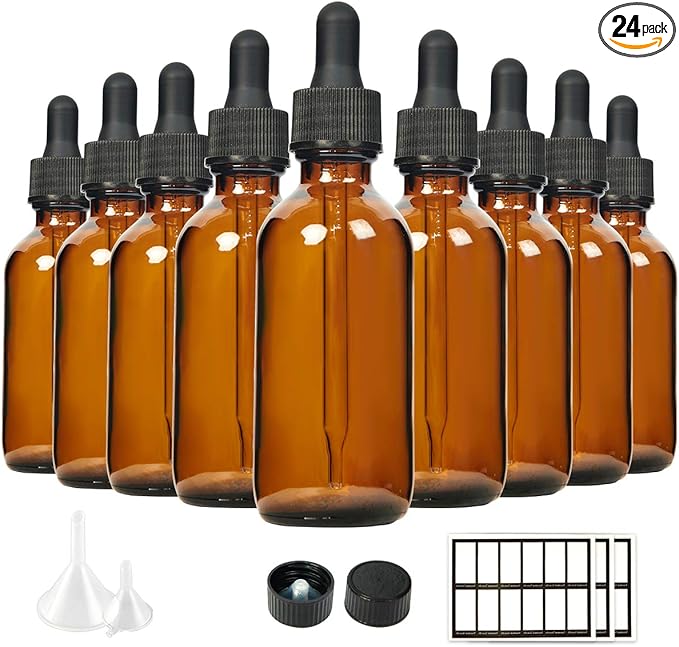 Eternal Moment 2 oz Eye Dropper Bottle(24 Pack), 60ml Amber Glass Bottles with Glass Eye Dropper for Essential Oils, Chemistry Lab Chemicals, Colognes & Perfumes