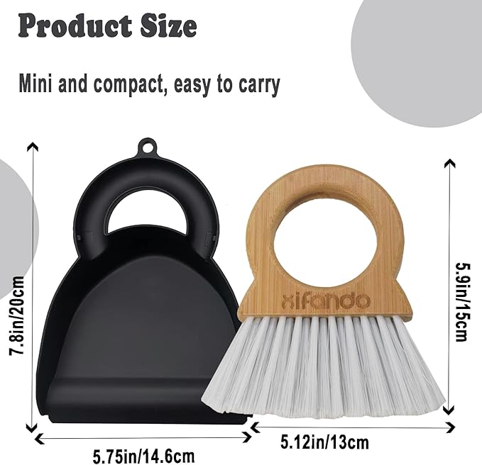 Xifando Mini Broom and Dustpan for Housekeeping-Bamboo Handle Small Broom and Dustpan Set Combination Mini Desktop Sweep, Keyboard Cleaning Brush with Shovel Brush,Round Bamboo Handle
