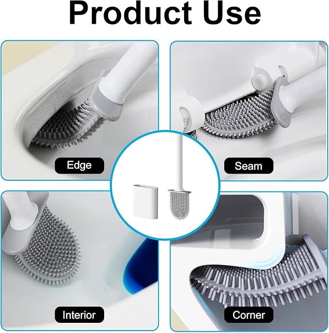 Toilet Bowl Brush and Holder Set, Flexible Silicone Bristles with Detachable Handle, Compact RV and Bathroom Toilet Brush (2 Black 2 White)