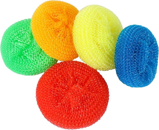 MIDELONG Plastic Dish Scrubbers for Dishes Plastic Pot Round Scrubber Scouring Pad Dish Scourers, Assorted Colors Poly Mesh Scouring Dish Pads for Kitchen Cleaning, Pack of 5