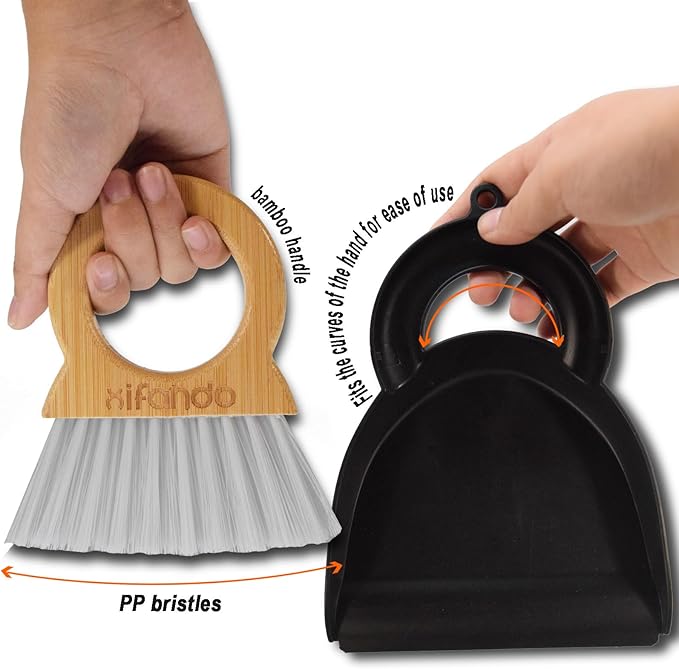 Xifando Mini Broom and Dustpan for Housekeeping-Bamboo Handle Small Broom and Dustpan Set Combination Mini Desktop Sweep, Keyboard Cleaning Brush with Shovel Brush,Round Bamboo Handle