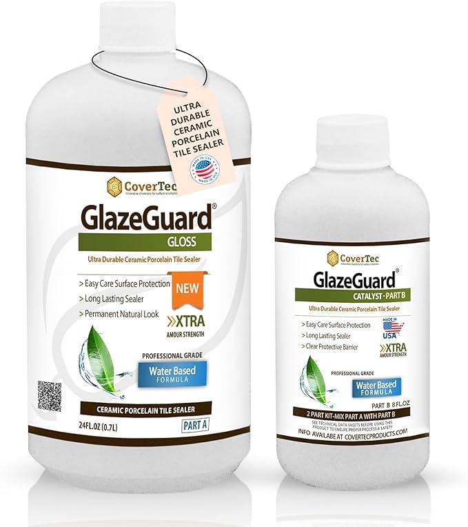 CoverTec GlazeGuard Gloss Floor, Wall Sealer for Ceramic, Porcelain, Stone Tile Surfaces Pro Grade (2 Part Kit A+B = 1 Qrt)