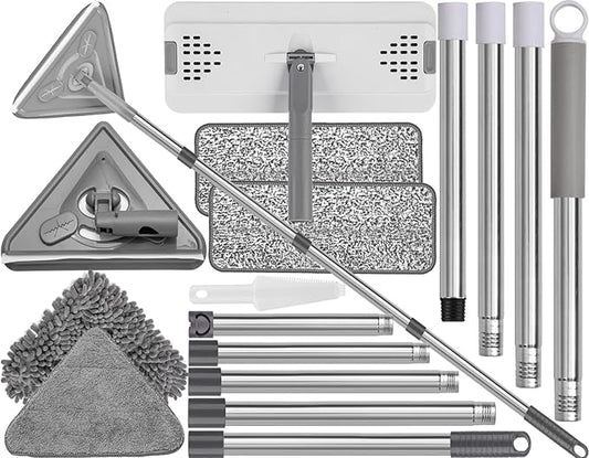 Mops for Floor Cleaning with 57" Long Handle, Wall Cleaner Mop with 84'' Handle, 2 Reusable Pads, Wet and Dust Mopping for Hardwood, Laminate, Tile Floor, Wall, Ceiling, 7Pcs Gray