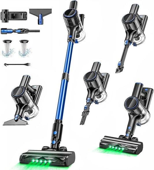 OUYFHK Cordless Vacuum Cleaner, 45000Pa/450W/50Mins Vacuum Cleaners for Home, 8-in-1 Stick Vacuum with LED Screen, Anti-Tangle, Lightweight Rechargeable Vacuum for Carpet Pet Hair Hardwood Floor Blue