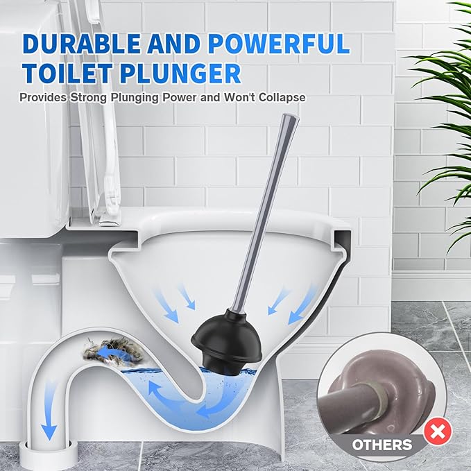 Toilet Plunger and Brush, Silicone Bowl Brush and Heavy Duty Toilet Plunger Set with Ventilated Holder, 2-in-1 Toilet Brush and Plunger Combo for 5.3-inch Bathroom Cleaning (Gray, 1 Set)