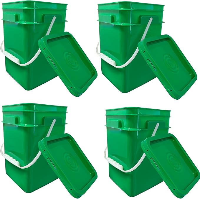 House Naturals 4 Gallon Square Food Grade Bucket Pail with Lid (Pack of 4) Made in USA containers (Green)