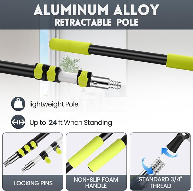 【Upgrade Anti Rotation 】 30FT High Reach Duster Kit,(18FT+6FT) Lightweight Aluminum Alloy Extension Rod,7-Piece Set,210° Steering Head Clean Various Angle,for Cleaning Ceiling,High Wall