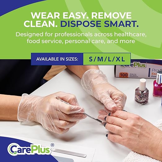 CARE PLUS Vinyl Gloves Clear Large Size 100 Count | Heavy Duty, Non-Sterile, Powder-Free, Latex-Free Rubber | Food Prep, Kitchen & Cleaning Gloves, Ideal for Professional Use
