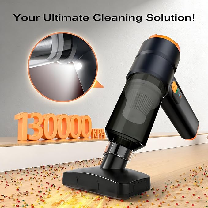 Creims 13000PA Portable Car Handheld Cordless Vacuum Cleaner with High Powerful Mini Cordless Car Vacuum 6800mAh Battery, 10 Nozzles, Rubber Paint Material for Car, Home, Pet Cleaning（Black Orange）