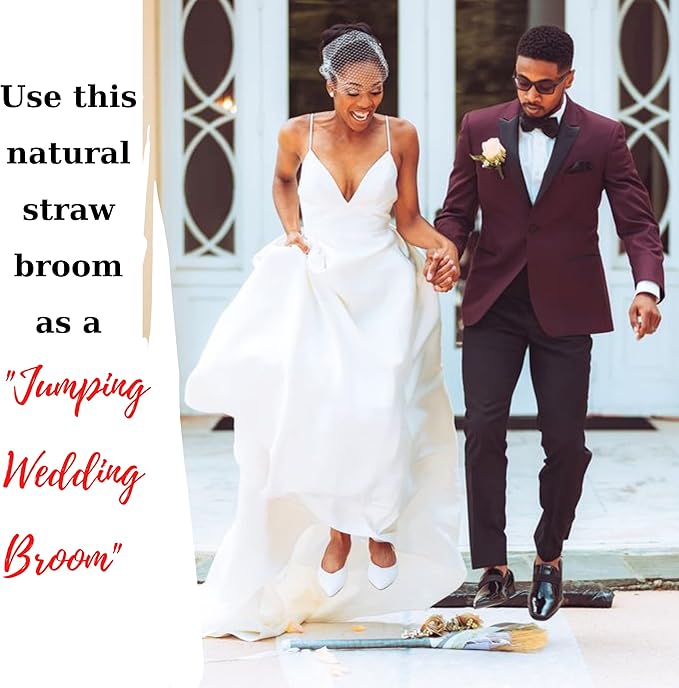 TTS For Home Natural Whisk Sweeping Black Handle Broom - Brooms for Wedding Jumping Ceremony Halloween DIY Decoration - Vietnamese Straw Soft Broom 12.2" Width, 28.35" Length