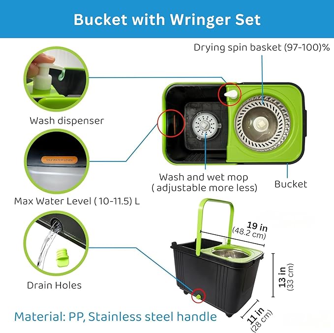CICLONE ISPINMOP Spin Mop and Bucket P SS 003 with 1 Floor Brush and 1 Chenille Car Wash Mop for Home & Office Cleaning -360 Rotating Mop Spinner and Bucket with 61'' Stainless Steel Mop Handle