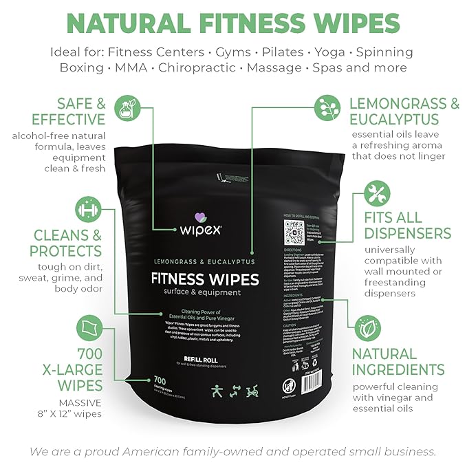 Wipex Plant Based Gym Wipes Dispenser Refill - 700 Count Fitness Equipment Wipes for Gym - Original Lemongrass Scent, Includes Dispensing Bucket, 700 Count (Pack of 1)