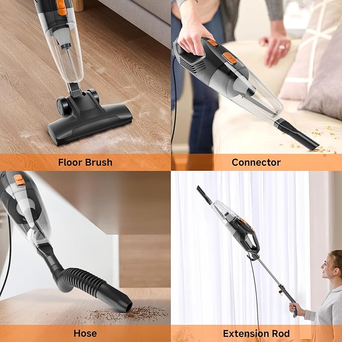 fenhua Corded Stick Vacuum Cleaner - Lightweight, Powerful Suction with 450W Motor, 3-in-1 16.4Ft Cord Vacuum Cleaners for Home, Hard Floor, Carpet, Pet Hair Black Orange