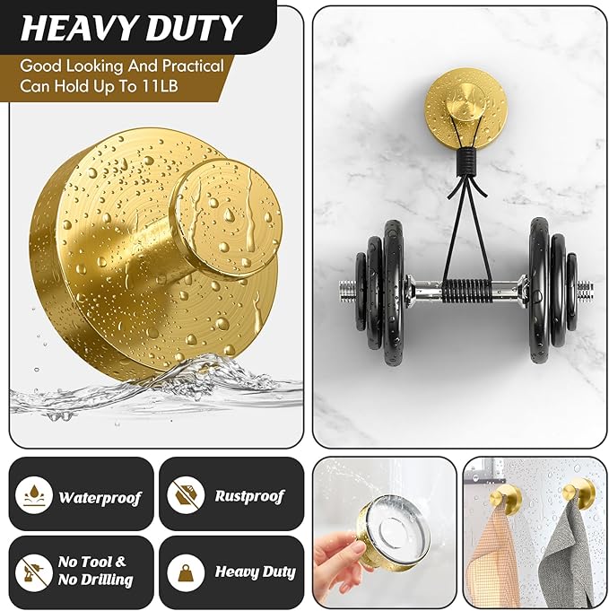 MOTAIPEAK Suction Cup Hooks,No Drill Shower Hooks for Inside Shower,Heavy Duty Towel Hooks for Wall,Bathroom,Kitchen,Glass,Mirror,Tile to Hang Towels,Loofah-Gold(2 Pack)