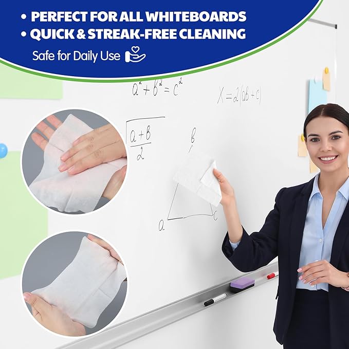 60 Counts Whiteboard Wet Wipes Dry Erase Board Cleaning Non-toxic Whiteboard Wipes Resealable Convenient Dry for Home Classroom School Office