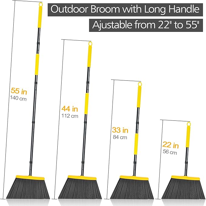 JEHONN Outdoor Broom Heavy Duty with 55 inches Long Handle, Household Collapsible Angle Brush for Sweeping Indoor Kitchen Patio Shop Outside Garage Lobby Garden Deck Hardwood Floors (Yellow)