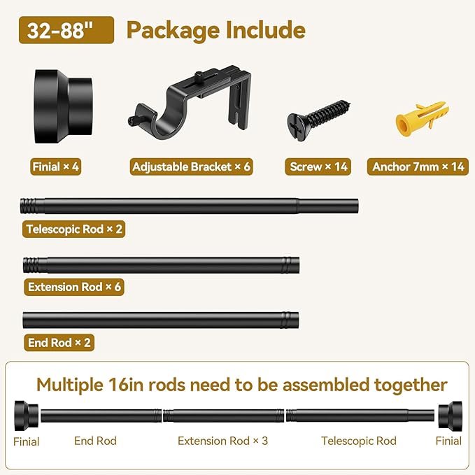 Curtain Rod 2 Pack 32-88 Inch, Heavy Duty 1 Inch Curtain Rod, Black Long Adjustable Window Treatment Rods, Modern Design, Easy Installation