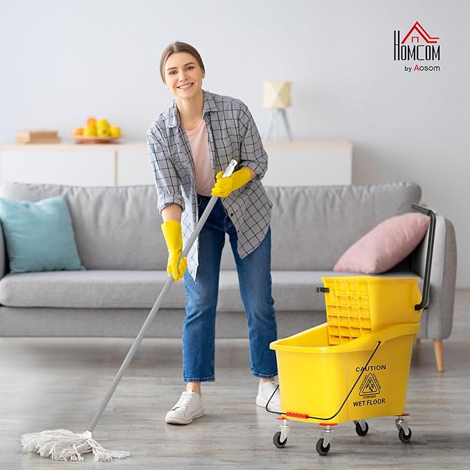 HOMCOM Mop Bucket with Wringer on Wheels for Floor Cleaning, 38 Quart Down Press Wringer with Handle and Mop, Yellow