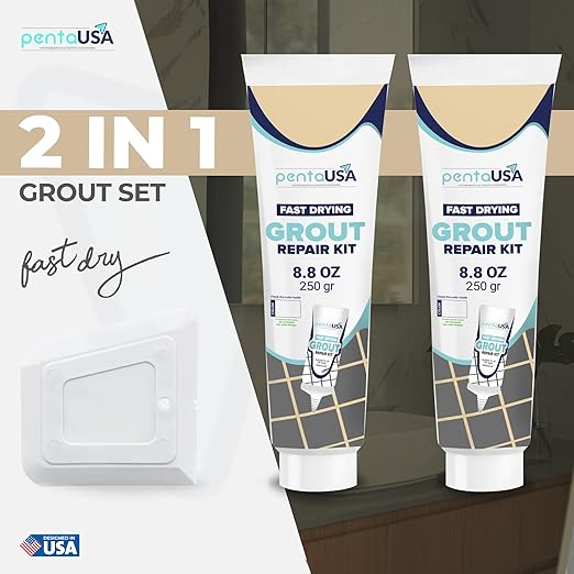 PentaUSA Grout - Premixed Grout Repair Set, 8.8 oz, 2 Pack Tile Grout Tubes, Repairs and Renews Tile Grout in Bathroom and Kitchen, Odorless and Safe Formula - 2 Pack (Beige)