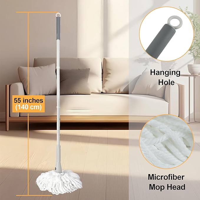 TRENNCHI Self Wringing Mop for Floor Cleaning with 2 Reusable Heads, Easy Wringing Twist Mop with 55 Inches Long Handle and Top Scouring Pad, Wet and Dry Mops