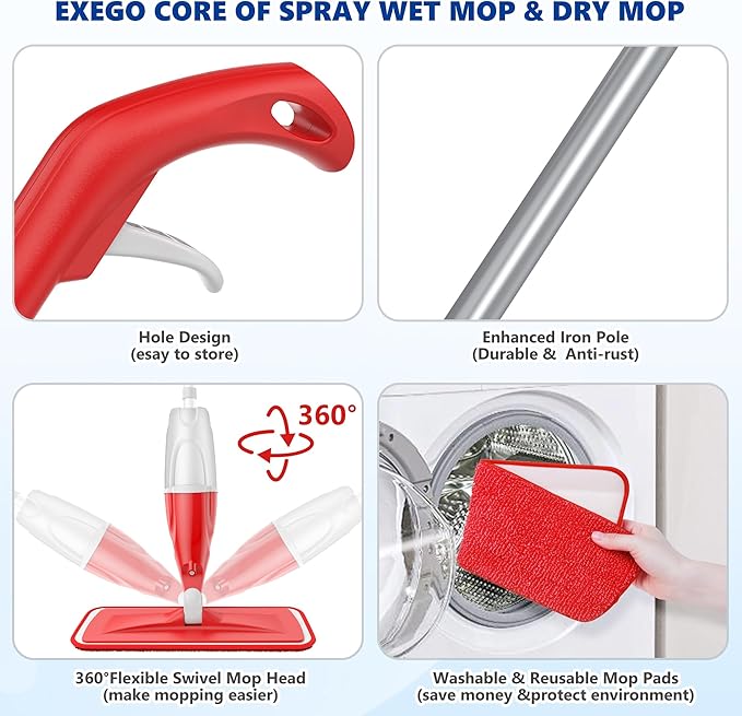 Spray Mops for Floor Cleaning: EXEGO Wet Mop with 3 Washable Microfiber Pads for Swiffer Powermop - Floor Flat Mop Dust Dry Nops for Hardwood Tile Wood Laminate Vinyl Marble - Home Commercial Mop
