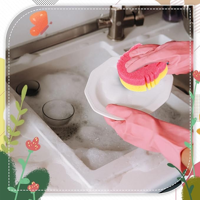 3 Pcs Dual Sided Scrub Sponge Multi Functional Cute Temperature Sensitive Non Scratch Dish Sponge for Washing Dishes Kitchen Bathroom(Cat,Pink, Yellow, Purple)