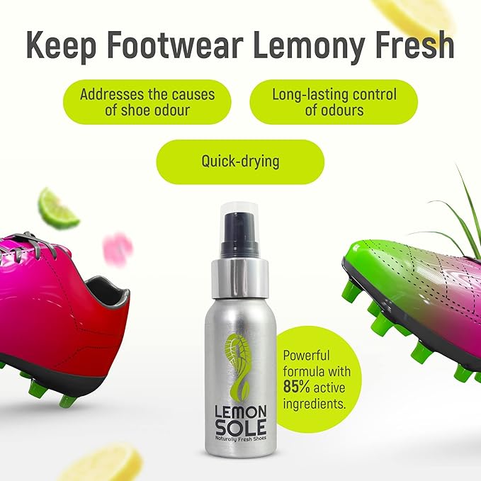 NATURAL SHOE FRESHENER & DEODORISER, Freshening Shoe Spray with 6 Powerful Essential Oils for Long-Term Odour Control, Designed for Sports, Fresh Lemon Scent.