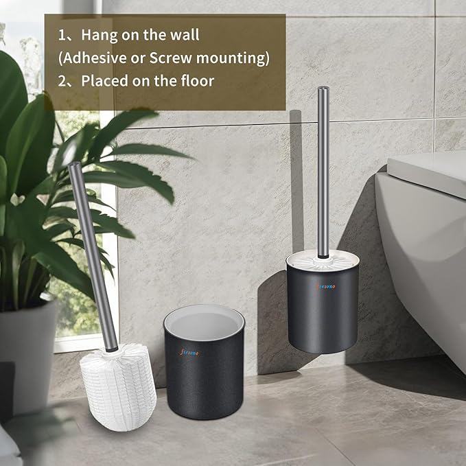 FIESONO Toilet Brush and Holder Set, Toilet Bowl Brush with Stainless Steel Light Brush Handle, Soft Bristle, Wall Mounted/Floor Standing for Bathroom Space Saving