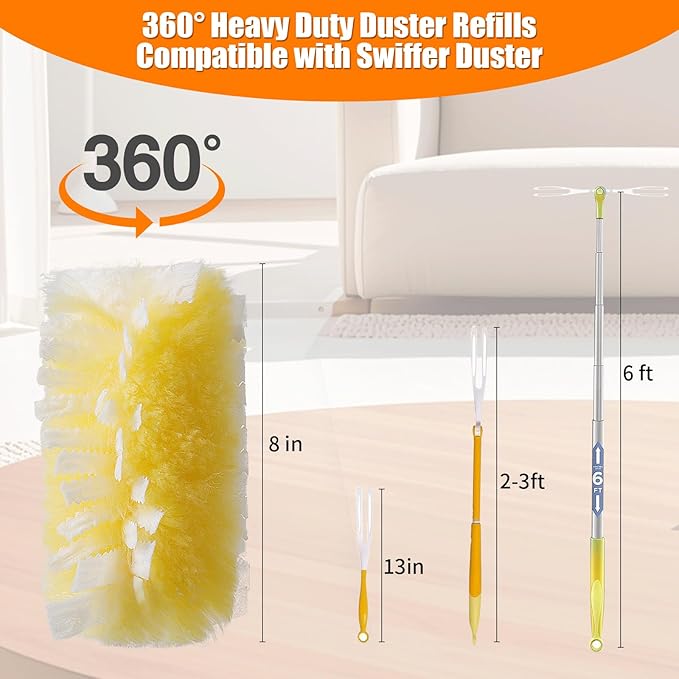 Senowi 40 Count 360° Heavy Duty Duster Refills Compatible with Swiffer,Large Size-Extra Thick Disposable Electrostatic Feather Duster Refill with 1 Retractable Handle(35-inch Length Fully expanded)