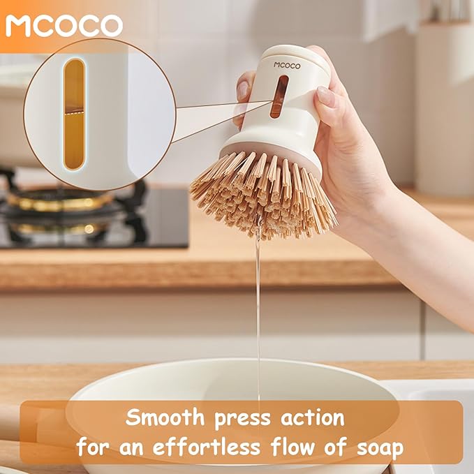 MCOCO Dish Brush Set with Soap Dispensing Palm Brush Dish Scrub Brush with Soap Dispenser Palm Dish Brush Kitchen Cleaning Brush with Ergonomic Long Handle for Cleaning Sink, Pot, Pan, Stove, Yellow