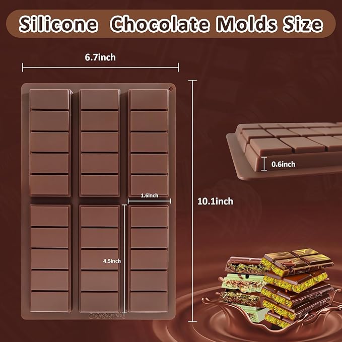 Chocolate Bar Mold - Deep Non-Stick Silicone Chocolate Molds for Homemade Dubai Pistachio Chocolate, Candy, Snacks, and Protein Bars (Reusable, Break Apart Design)