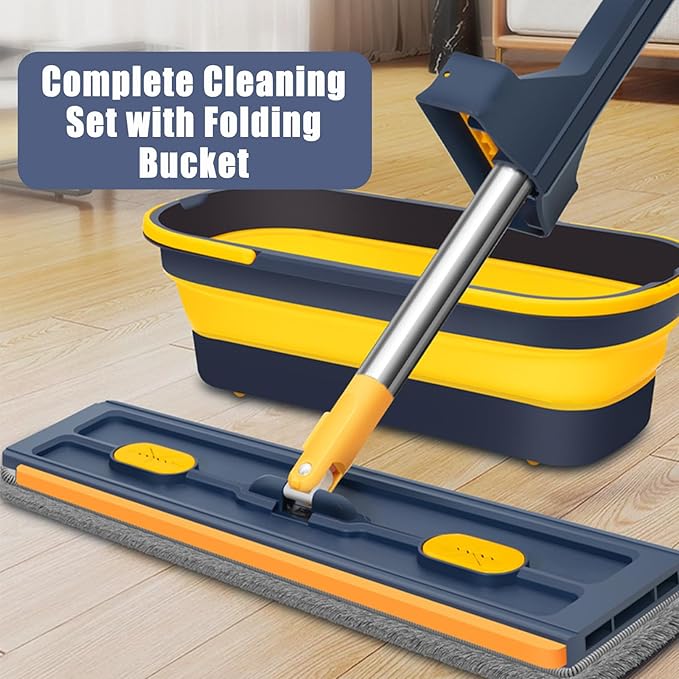 Large Flat Mop with Folding Bucket – Self-Wringing Floor Mop Set with 54" Stainless Steel Handle, 6 Reusable Microfiber Pads, 360° Swivel Head for Home Cleaning on Tile, Wood, Laminate (B-White)