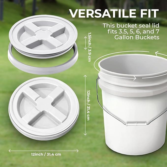 5-Gallon White Bucket Pail with Gamma Seal Screw on Airtight Lid, Heavy-Duty 90MIL Extra Durable, Food Grade, Metal Handles with Plastic Grip for Easy Carrying, Easy Stack & Store, BPA Free - 5 Pack